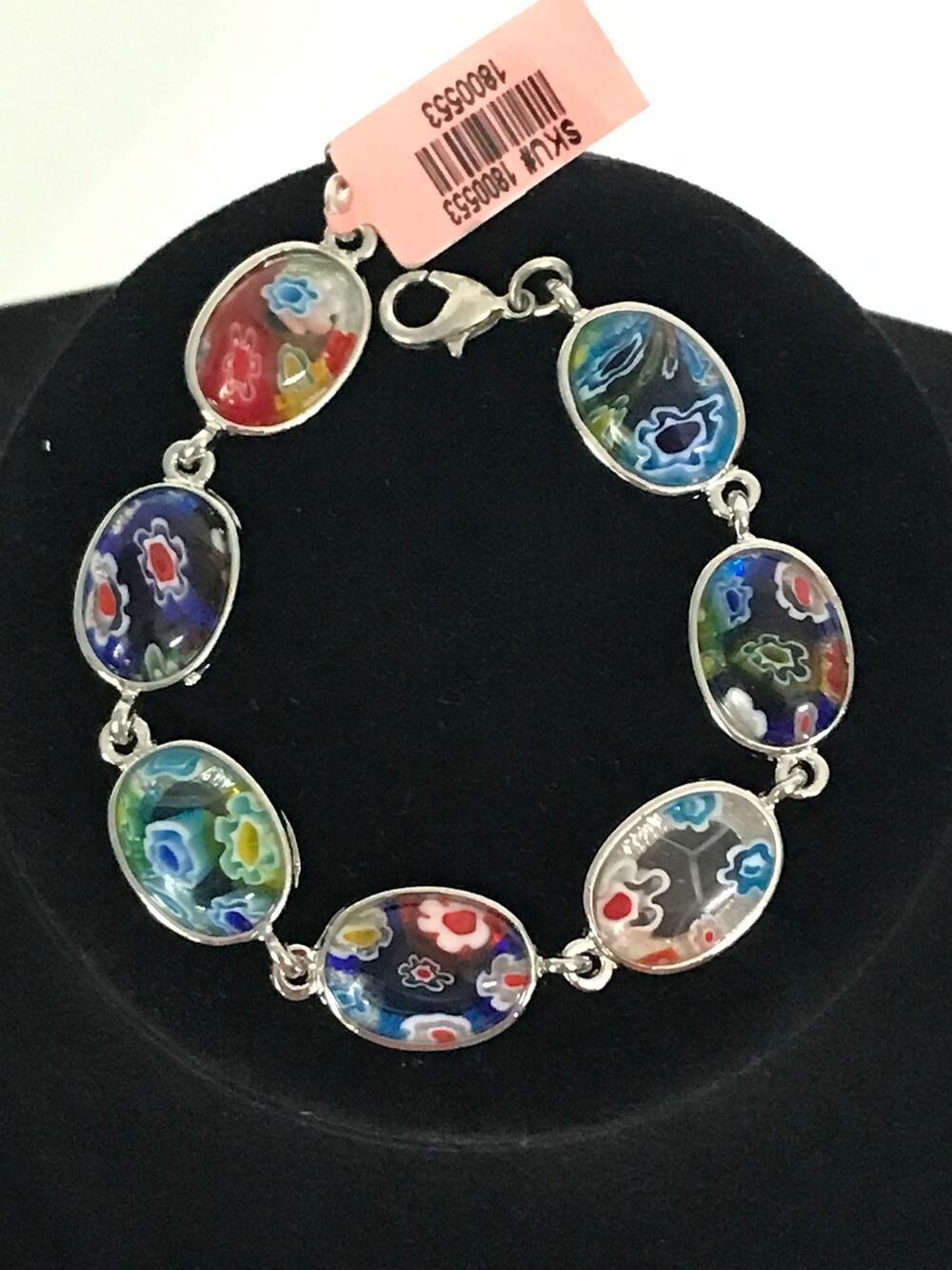 Italian Murano Glass Millefiori Link Bracelet Multicolored Floral Mosaic Boho